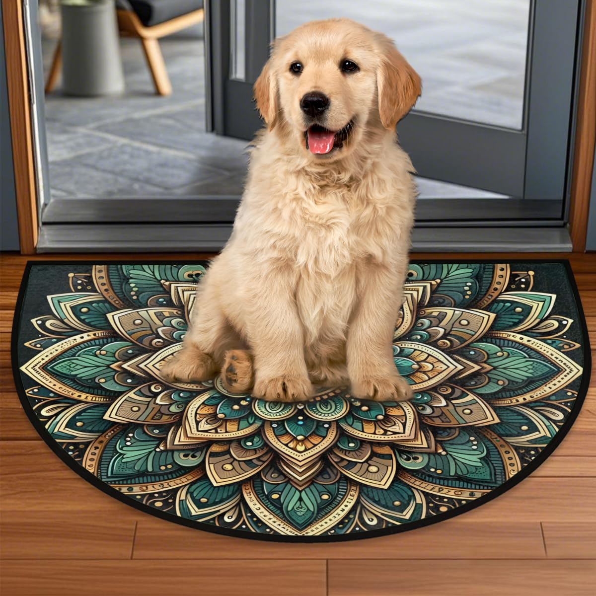 Felpudo semicircular Estilo Mandala Bohemio, Alfombra semicircular