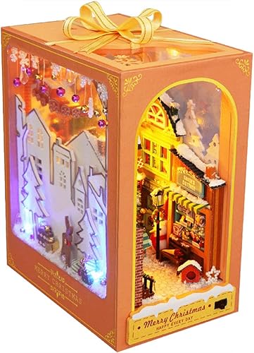 Miniatura 1 de Kit de rincón de libros de Navidad, rompecabezas de madera 3D, kit en miniatura con luz LED, inserción decorativa, soporte para libros, kits de