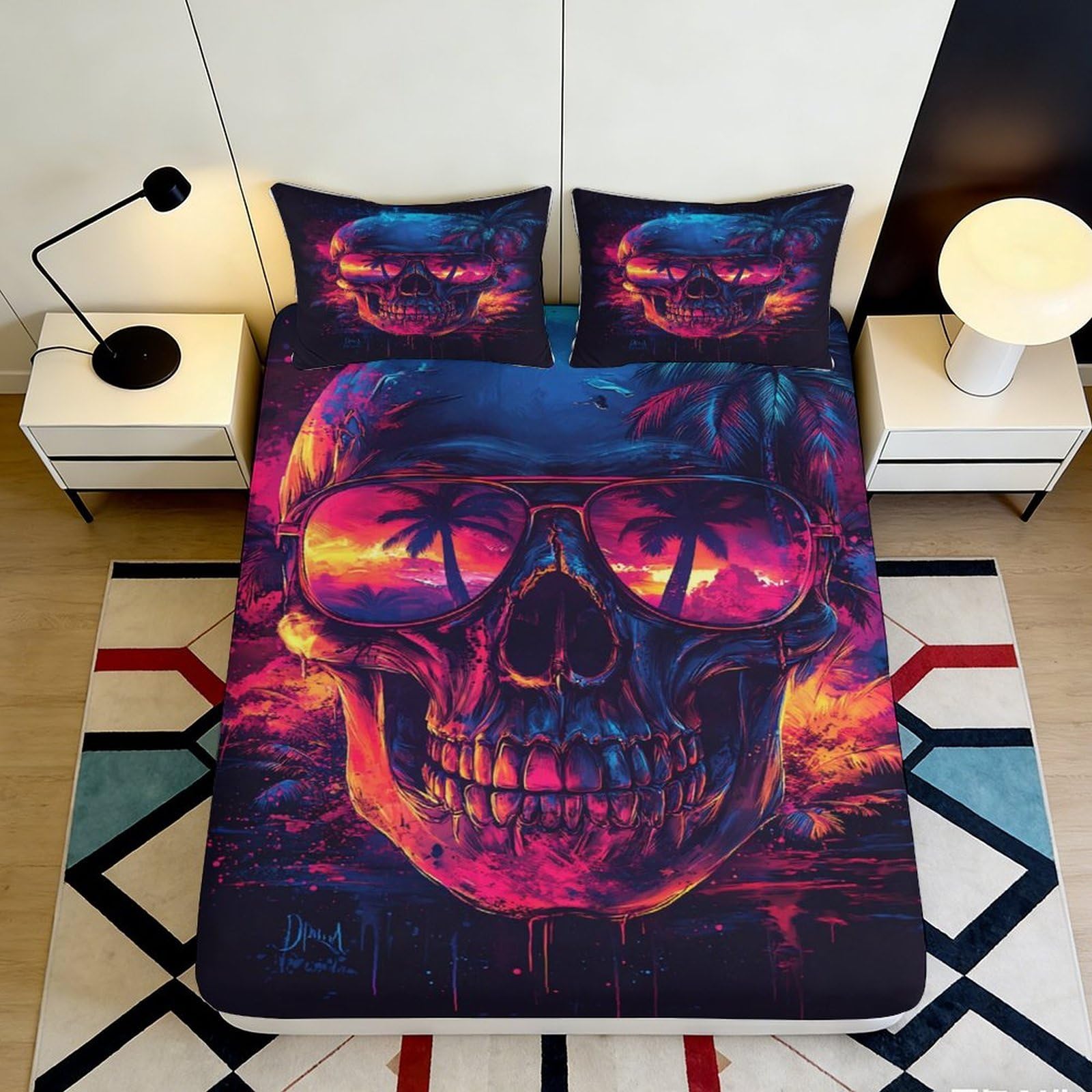 3D Printed Neon Skull Fitted Sheet Microfiber Anti-Slip Vibrant Sunset Bed Cover for Bedroom Dorm Mattress Decor 90x200x25cm