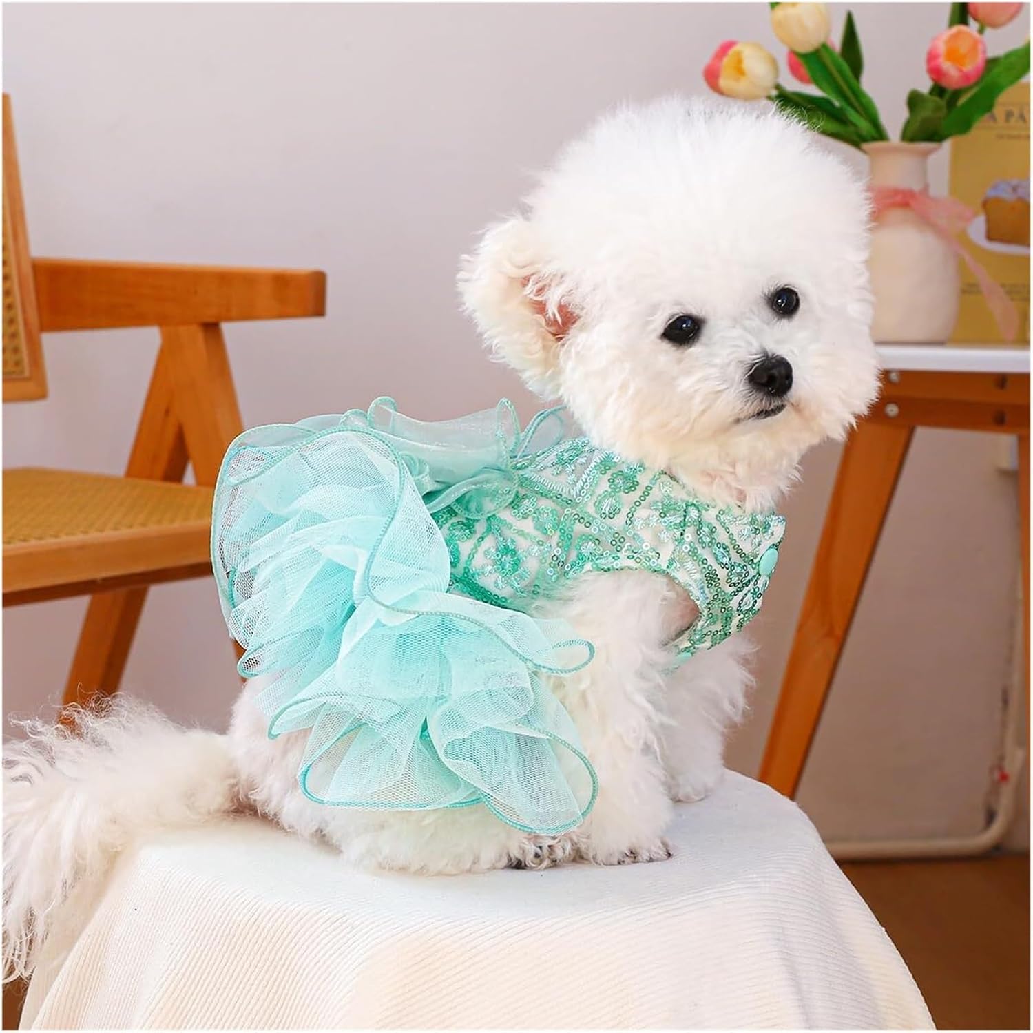Easter Dog Dress - Bling Bling Princess Tutu Skirt with Lace Camisole for Puppies, Pet Party Costume(Green,Xs)