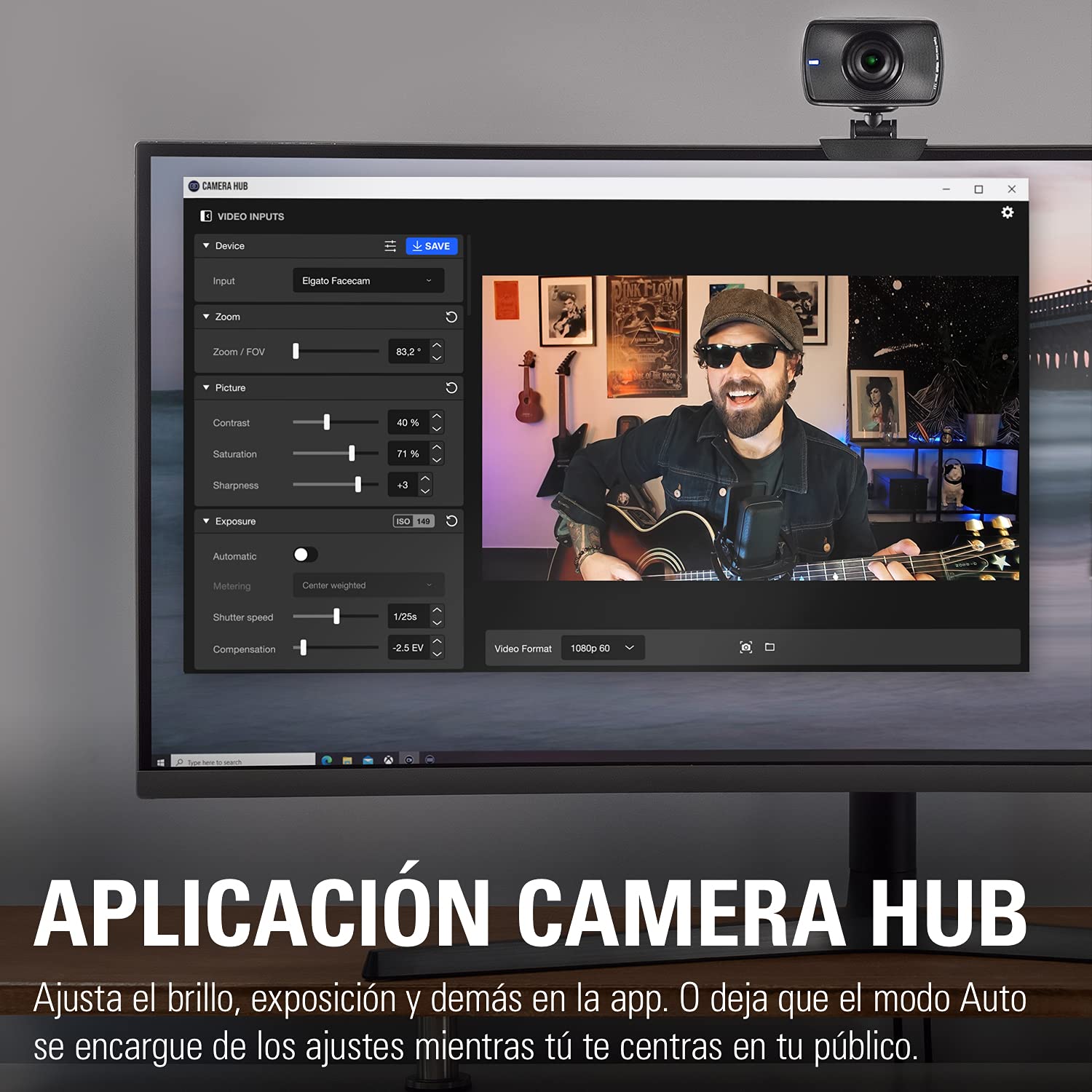 Elgato Facecam - Webcam Full HD 1080p60 real para streaming, juegos, videoconferencia, sensor Sony, corrección de luz avanzada, controles avanzados, funciona con OBS, Zoom, Teams y demás, para PC/Mac