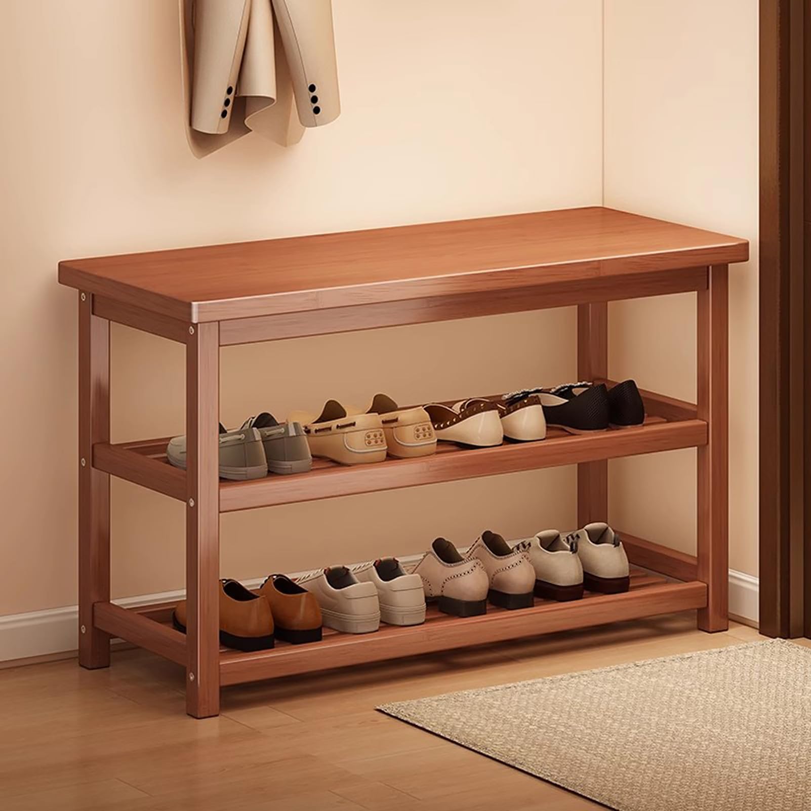 SXZenSpace 3 Tier Entryway Storage Bench, Rustic Wooden Shoe Rack Organizer Bench for Living Room, Brown