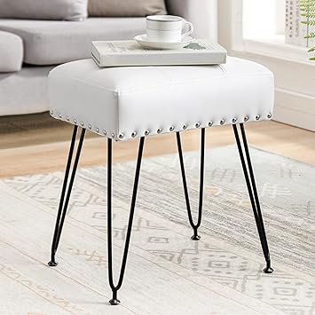 LUE BONA Faux Leather Rectangle Vanity Stool, Vanity Chair for Makeup Room, White Rivet Ottoman Foot Rest Entryway Bench with Black Legs for Bedroom Living Room