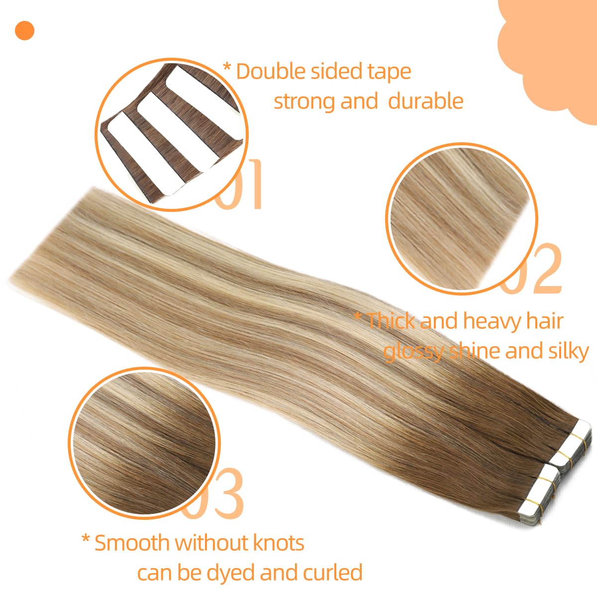 VINBAO Tape In Hair Extensions Human Hair Blonde Hair Extensions Tape In Dark Roots Color 3-8-22 Brown and Blonde Highlights Remy Hair Tape In Extensions 20 Pieces 50 Grams (T22Inch - Image 2