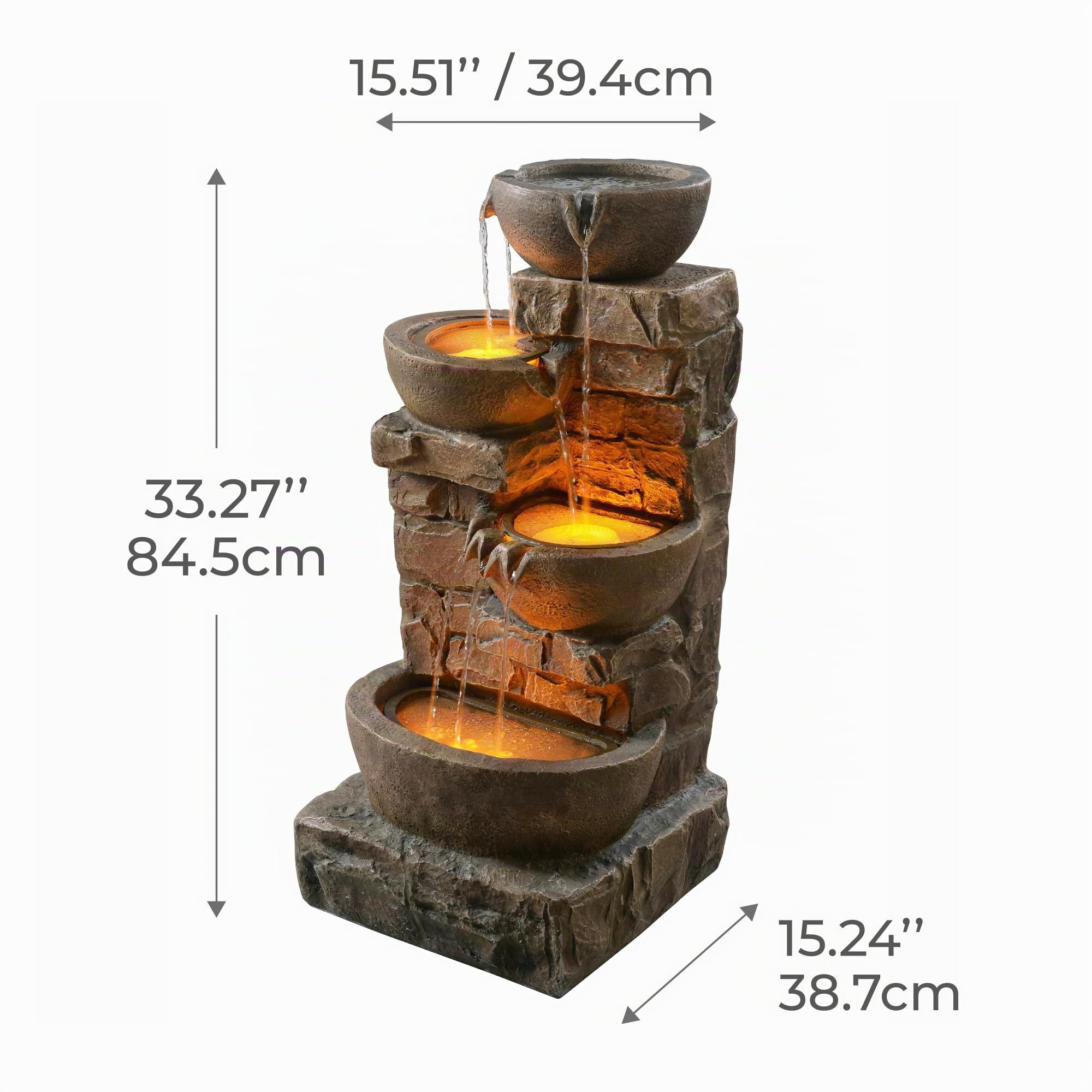 Teamson Home Fontana esterna a cascata di ciotole e pietre impilate da 33,27 pollici con luci a LED, Marrone, Teamson Home