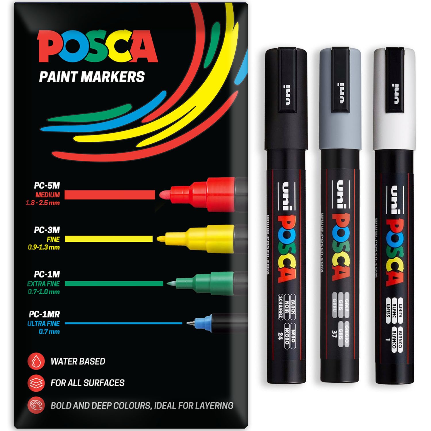 Posca Water Based Acrylic Paint Marker Pens | Multi Surface Use Permanent Paint Pen | Pack of 3 Pens in Envelope Gift Packaging | Glass, Fabric, Canvas, Wood etc | PC-5M, Black, Grey, White