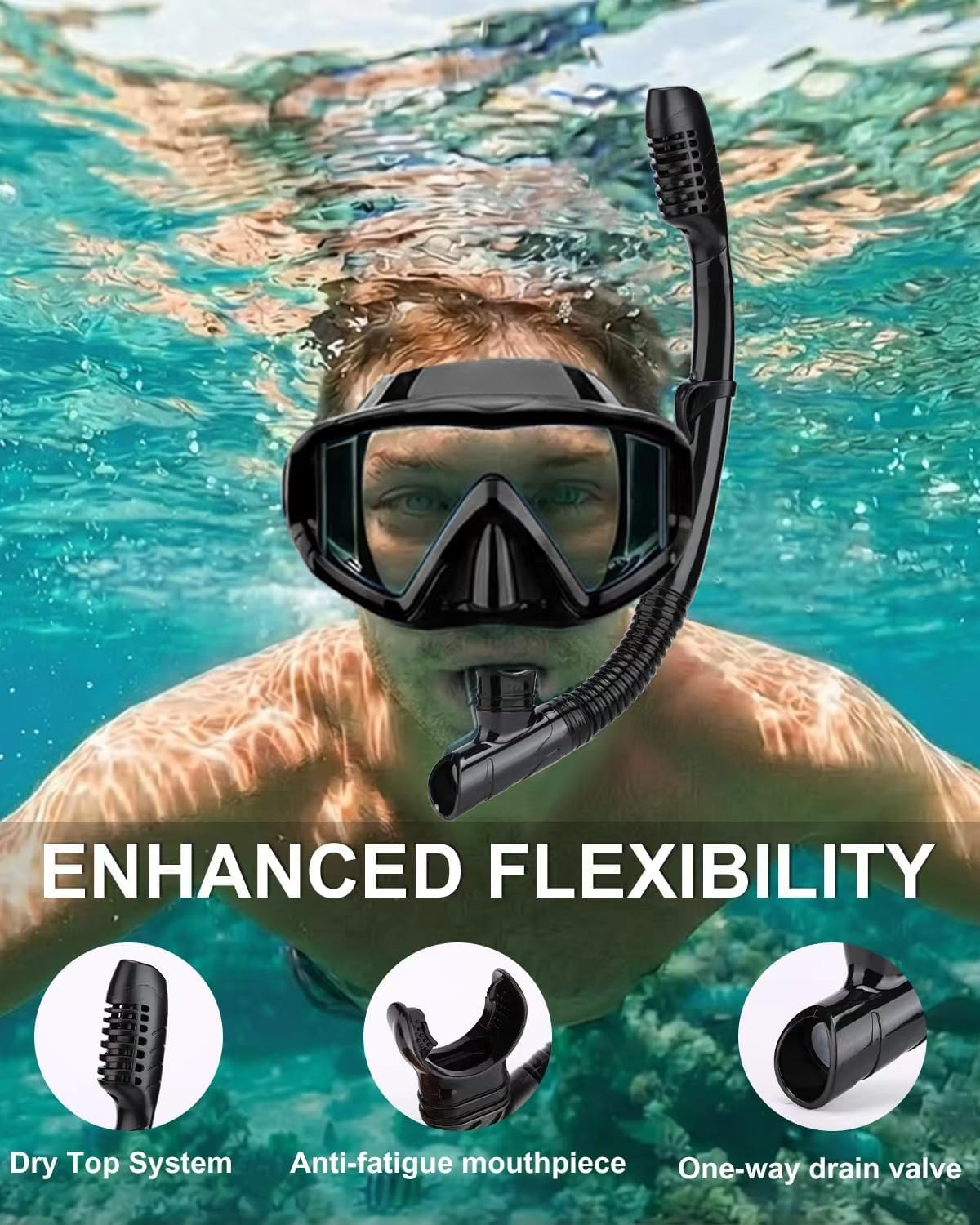 AQUA A DIVE SPORTS Snorkel seco de fácil aliento para esnórquel, buceo, natación, con válvula de secado superior y boquilla de silicona de grado alimenticio para adultos y jóvenes (SN115-1 azul)