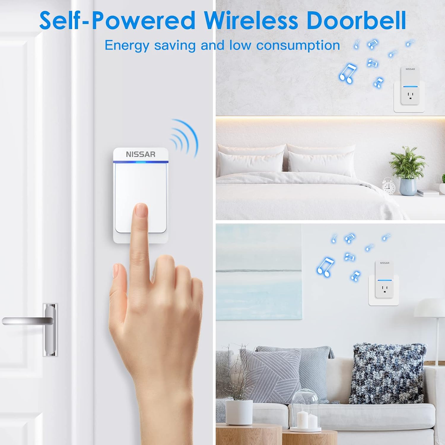 Nissar Wireless Doorbell kit - Wireless Doorbell with Extra Socket Waterproof Cordless Door Chime Ringer Button, Up to 1000ft Range with 38 Chimes, 5-Level Volume & LED Light (White) - - 