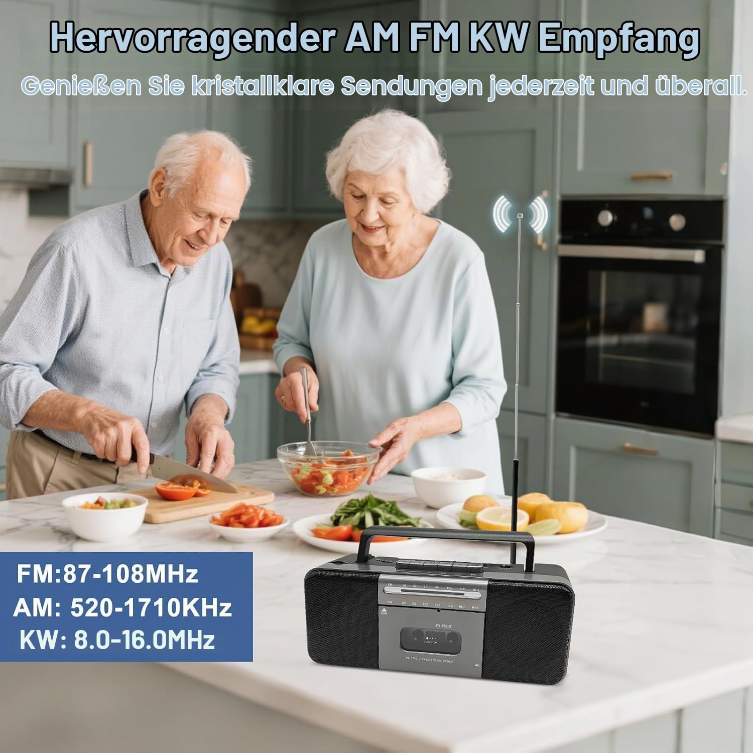 Tragbarer Bluetooth Kassettenspieler Boombox mit Kassettenrecorder, AM/FM/SW Radio, 10W Dual-Lautsprecher, USB/TF/MP3 Wiedergabe, Kopfhöreranschluss, Netz- & Batteriebetrieb - Grau