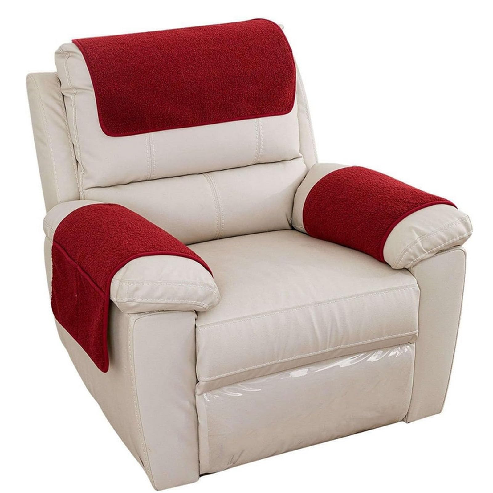 Armchair Armrest Cover Lambswool armrest pads with side storage pockets, suitable for recliners/lounge chairs/sofas (2 Seat/4 Piece Set,Burgundy)