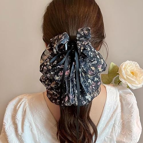 Miniatura 7 de Pinza para el cabello, 3 clips grandes de gasa floral con lazo, elegantes lazos de seda satinada, regalo ideal para mujeres y niñas (color aleatorio)