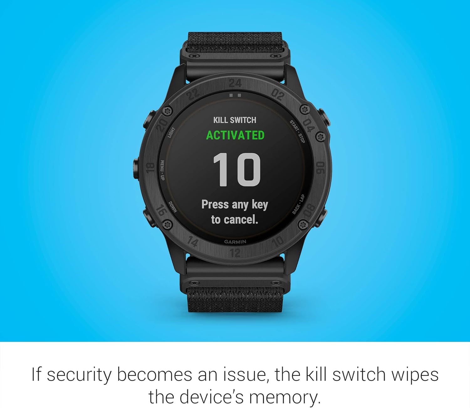 Garmin tactix Delta Solar watch face displaying 'KILL SWITCH ACTIVATED' with a countdown.