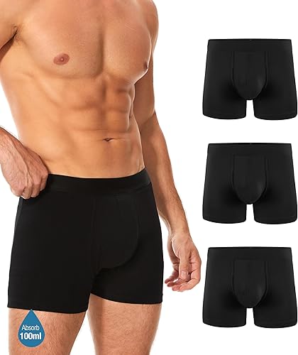 Calzoncillos tipo bóxer de algodón reutilizables para hombre, a prueba de fugas, lavables y reutilizables, paquete de 3 unidades, Negro -