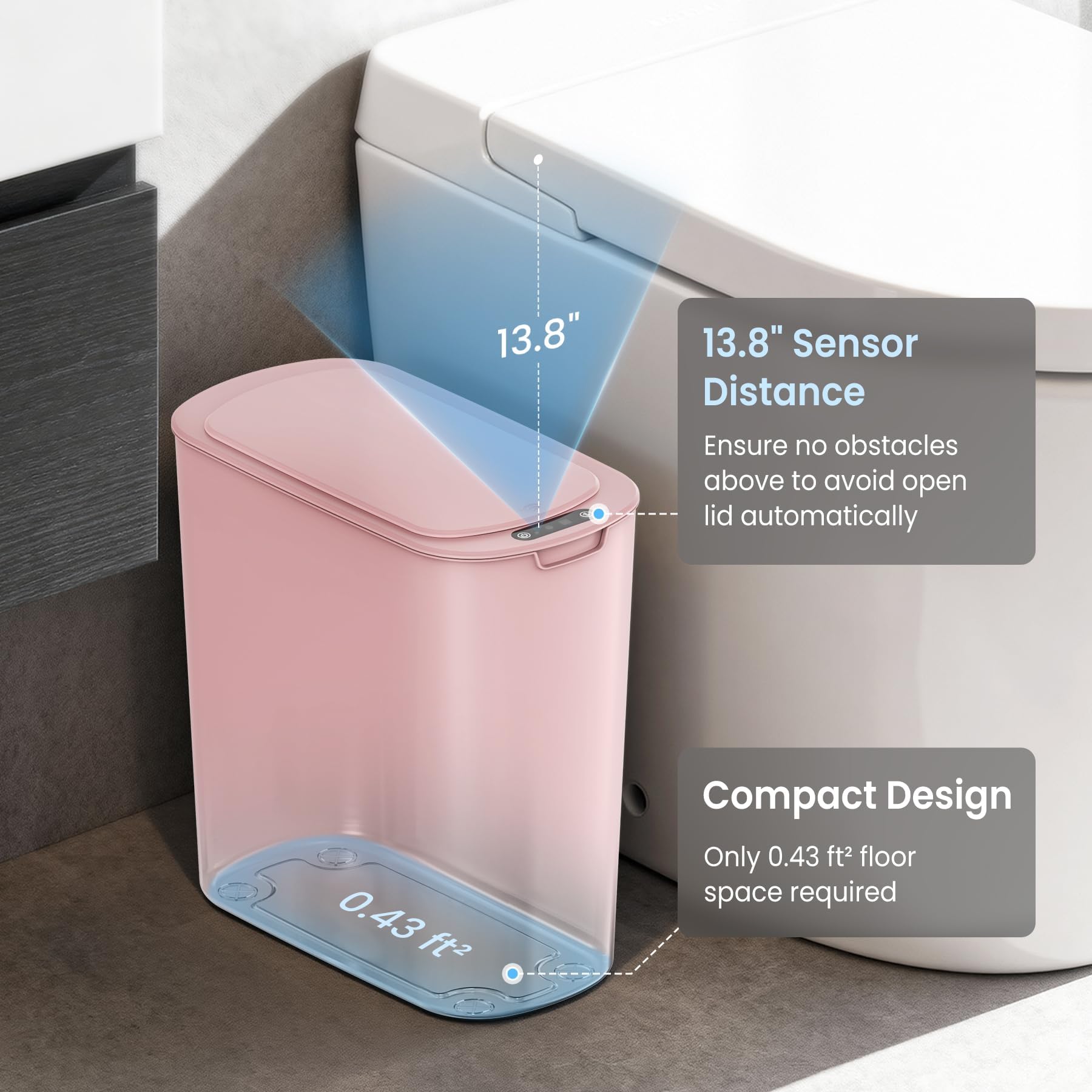 Cesun Pattumiera da bagno con sensore di movimento automatico con coperchio, 2,6 galloni Touchless, in plastica intelligente, sottile, piccolo cestino per WC, ufficio, camper, camera da letto,