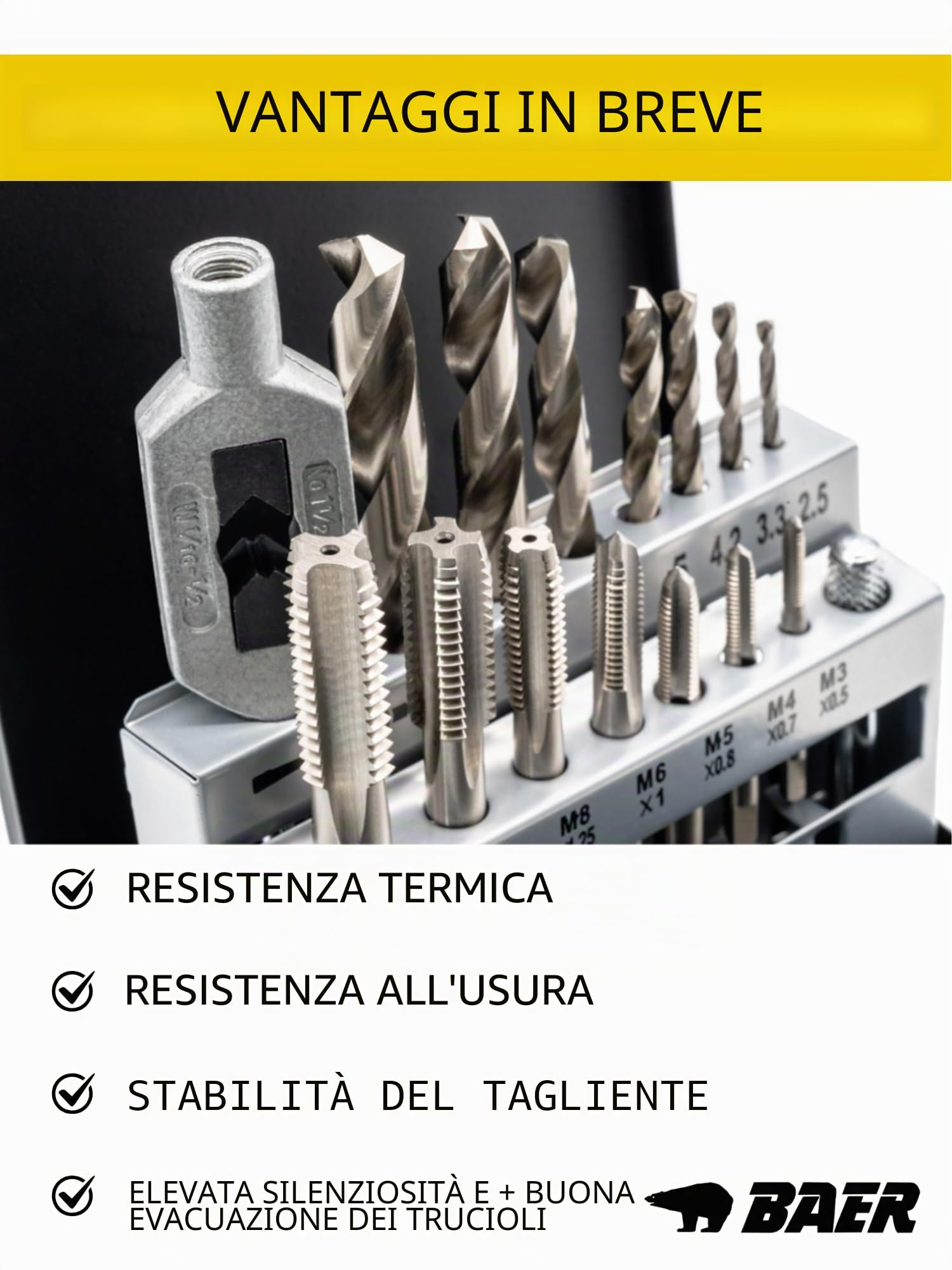 BAER Set di maschi filettati M3 – M12 HSSG – 15 pezzi | Set con trapano a foro e binari | Cassetta metallica professionale