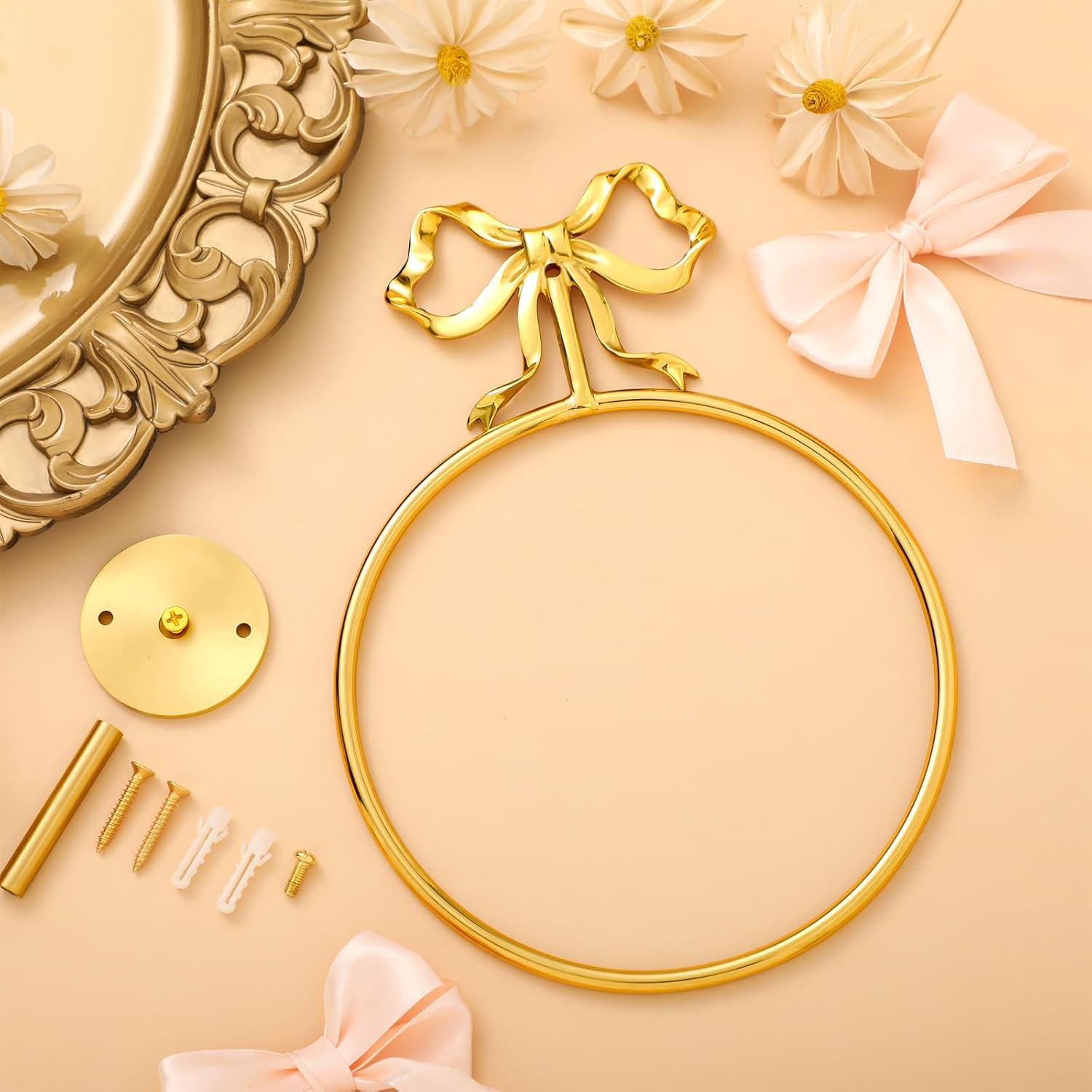 Coquette Gold Bow Towel Holder Brass Gold Bow Hand Towel Ring Retro Bathroom Hardware Accessories Vintage Girly Wall Mount Hanger Ring for Room Bathroom Kitchen Decor