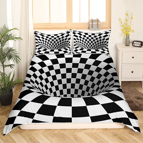 Miniatura 2 de Op Art - Juego de ropa de cama tamaño Queen, funda de edredón de cuadrícula negra y blanca para niños y niñas, juego de funda de edredón con arreglo
