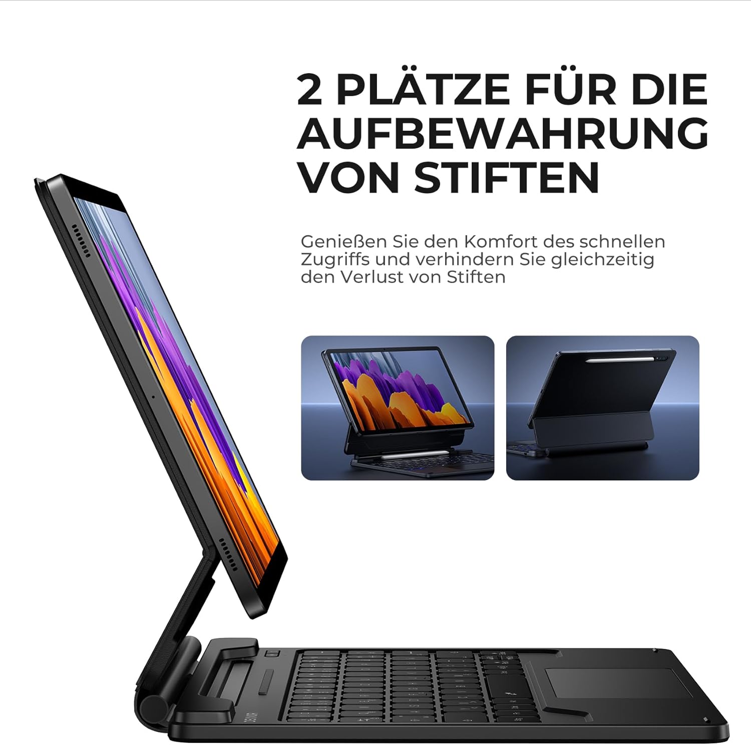 ຂ້າງ view of the Dexnor keyboard case showing the integrated S Pen holder and the rear charging slot.