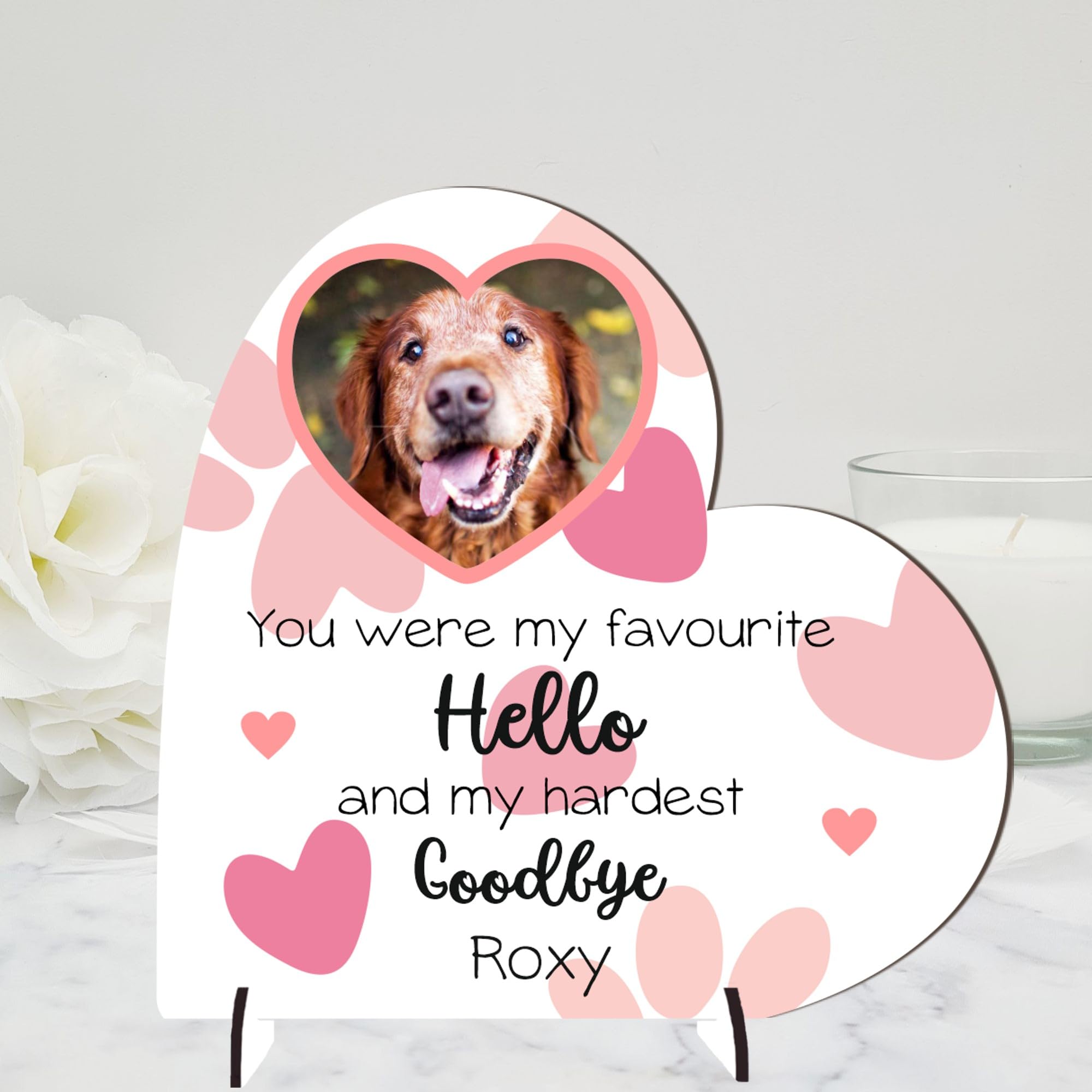 Personalised Pet Memorial Plaque – 'You Were My Favourite Hello' – Available in MDF or Acrylic, Sizes Small to Large – Indoor & Outdoor Use (Mdf Wood 18.5cm x 19cm, Pink)