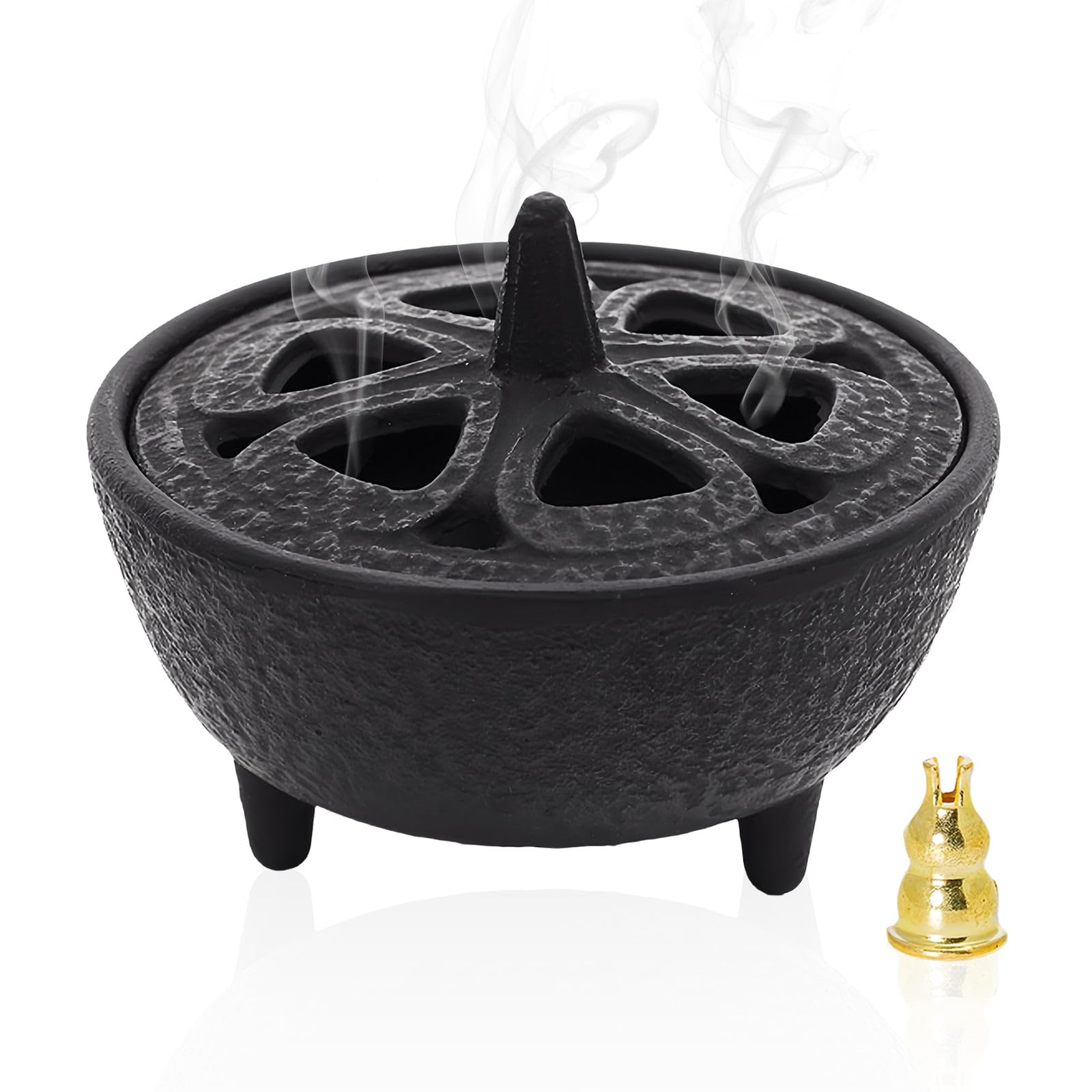 Dyuee Black Incense Burner Lotus Flower Bakhoor Burner With Lid Cast Iron Aromatherapy Disc Incense Holder Wax Melts Warmer For Charcoal, Resin, Office, Yoga, Living Room Decoration, Oriental Zen Mindfulness