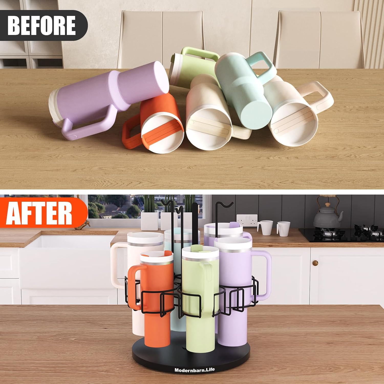 Water Bottle Organizer for Cabinet or Counter - Rotating Non-Slip Tumbler Organizer Holder for Stanley 40 Oz Cup with Handle - 2-In-1 Tumbler Display Storage Rack & Water Bottle Drying Rack - Black - Image 8