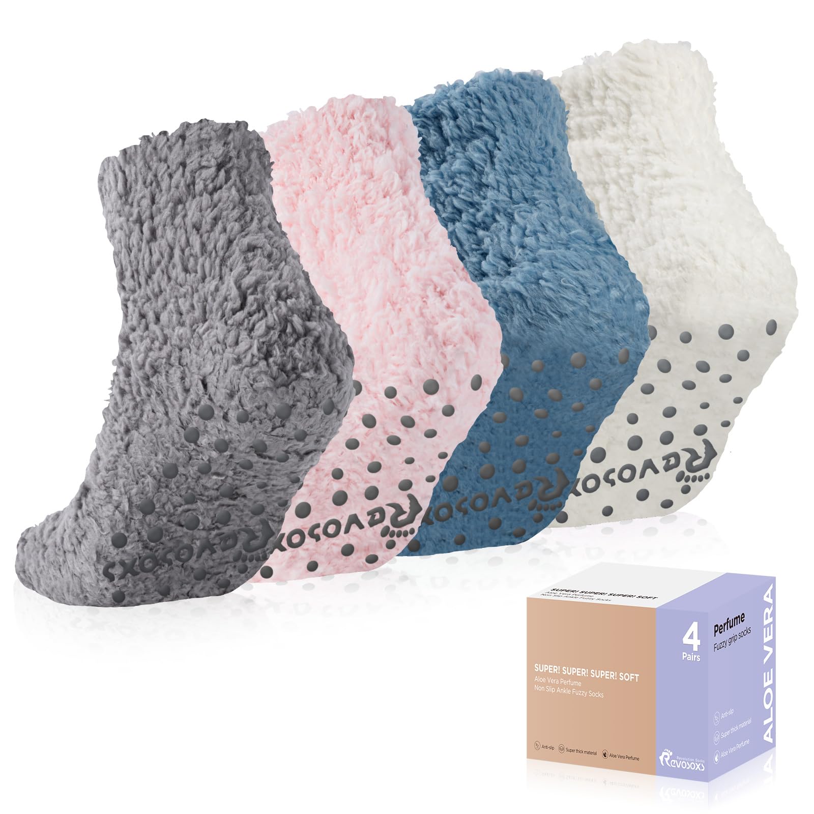 RevosoxsFuzzy Grip Socks for Women Men,Thick Warm Slipper Cozy Fluffy Non  Slip Ankle Hospital socks With