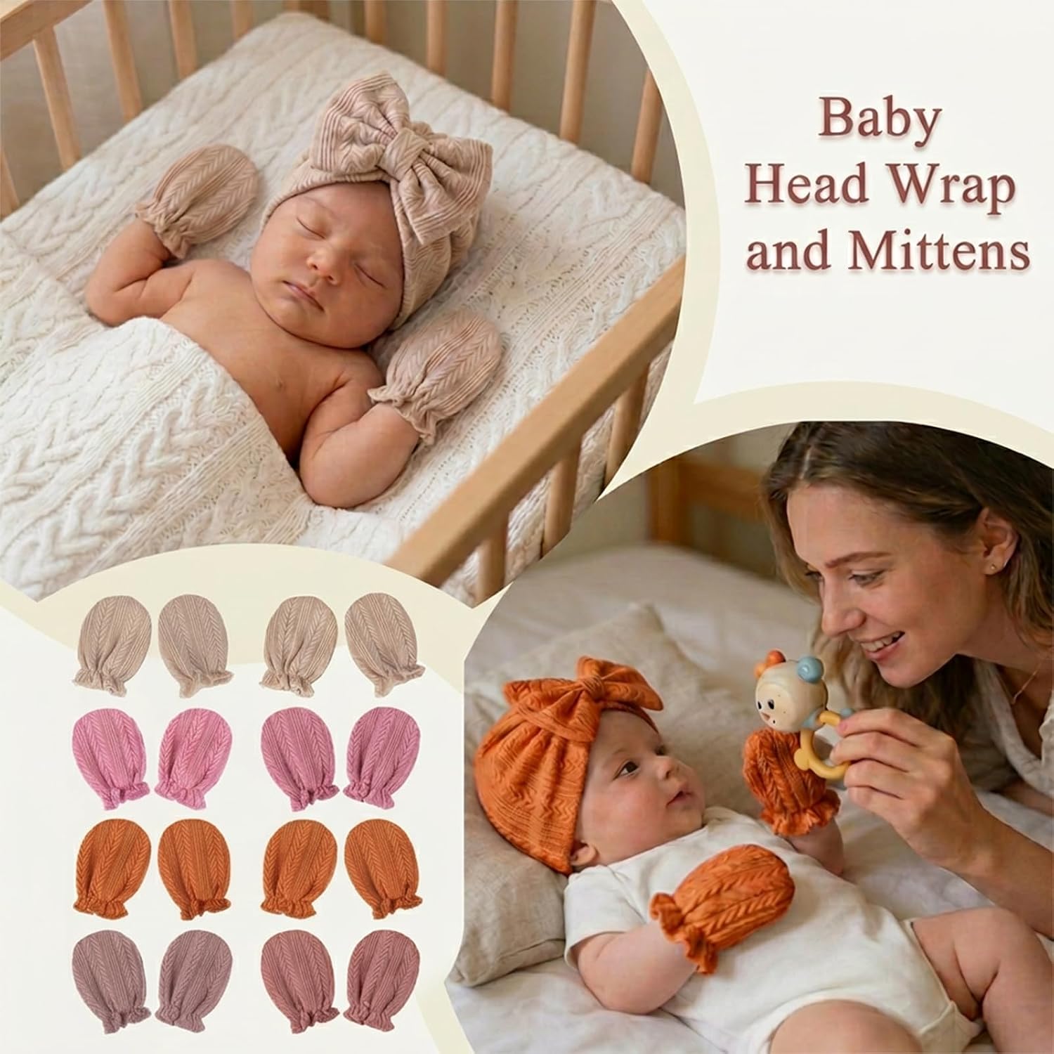 8 Sets Newborn Baby Hats & Mittens Cotton Preemie Infant Bow Beanies Caps Gloves Hospital New Born Boy Girl 0-3 Month