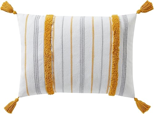 Indigo Ink - Almohada decorativa, almohada de rayas copetudas con borlas, almohadas para sofá o cama, decoración bohemia del hogar, 14 x 20 pulgadas