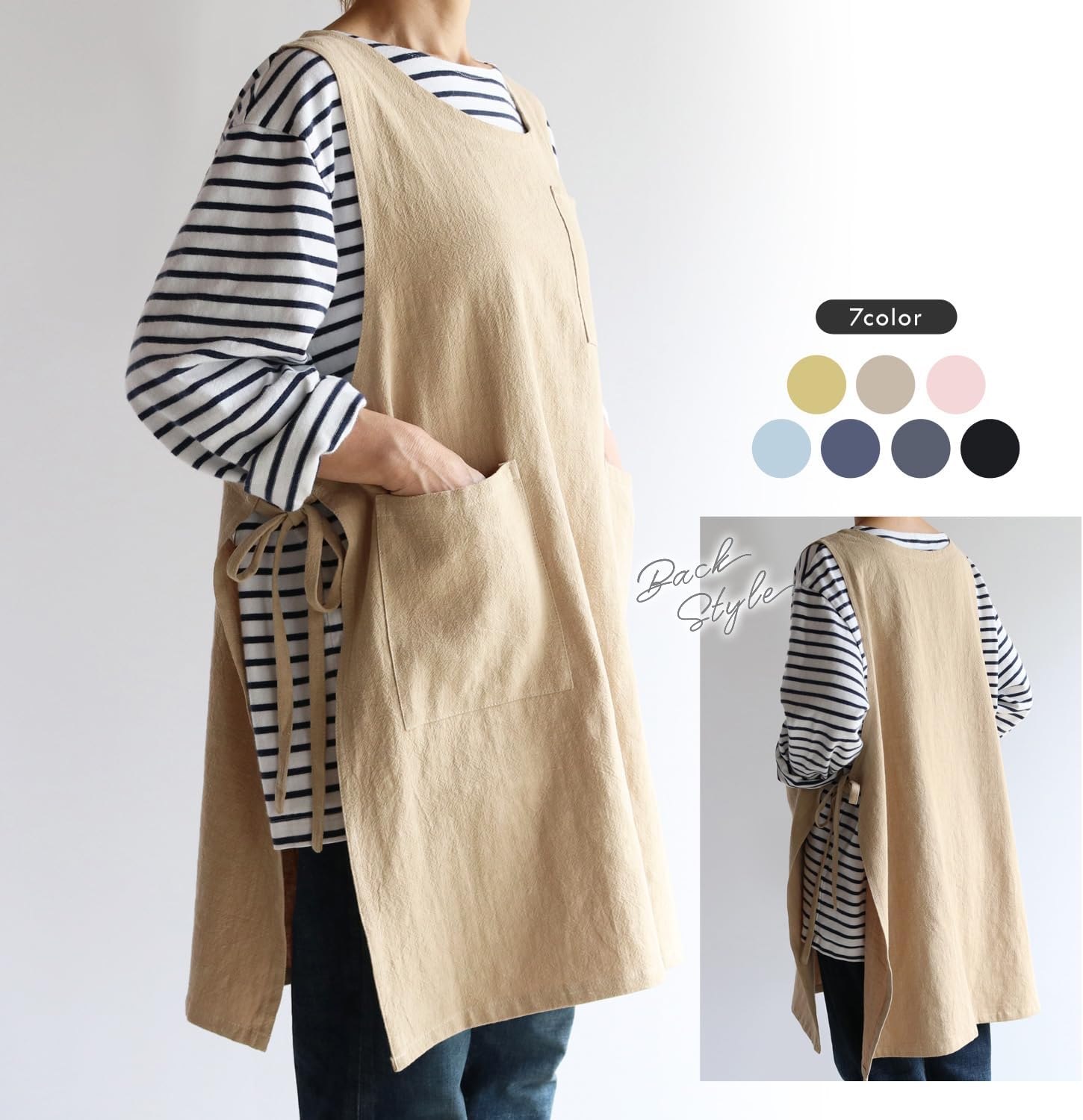 [テキスタリアン] リネンエプロン モニカ 麻 かぶるだけ おしゃれ ナチュラル 無地 ポケット付き