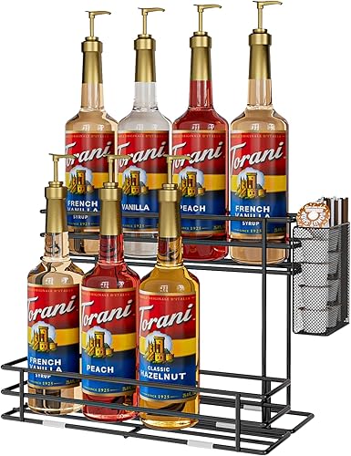 Miniatura 8 de OVICAR Organizador de jarabe de café, soporte para 8 botellas de jarabe para cafetería, bar, estación de café, accesorios con cesta de cápsula de