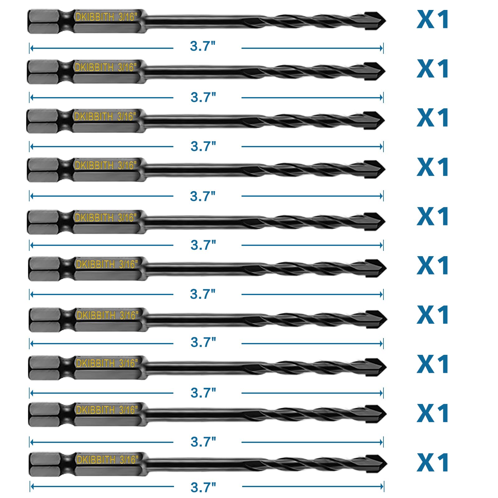 10-Piece 3/16” Masonry Drill Bits for Concrete Tiles Stone, 3/16 Inch Carbide Concrete Drill Bit Set for Glass Ceramic Cement Brick Soft Metal Plastic Wood, Hex Shank Drill Bit Set Diameter 5mm, Black