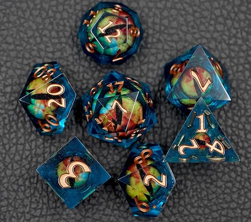 DND - Juego de dados Dungeons and Dragons, 7 piezas de dados de ojo de núcleo líquido, D&D, Dungeons and Dragons, dados de resina de borde afilado