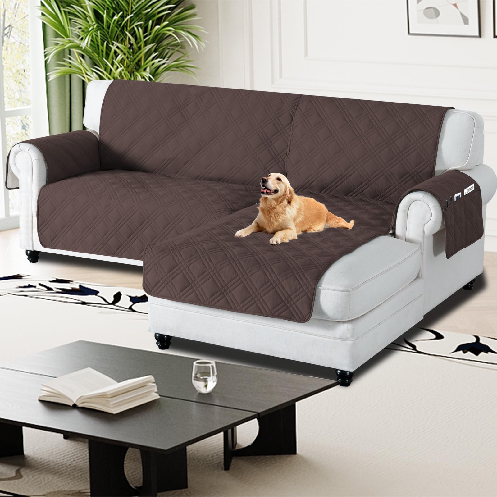 H.Versailtex 100% Waterproof Couch Covers for Sectional Sofa 2-Piece Couch Covers Sectional Chaise Sofa Cover L Shaped for Dogs Non Slip (Right Chaise Lounge Cover + 2 Seat Sofa Cover, Brown)