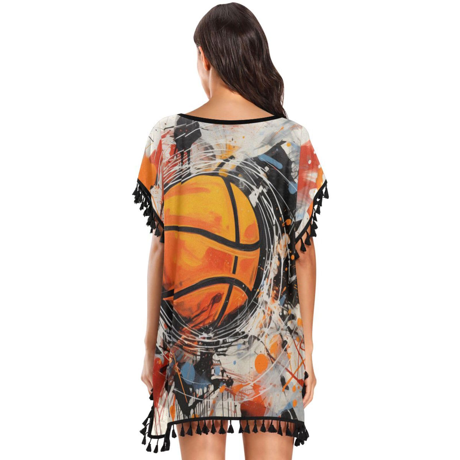Hand Drawing Basketball Art Women's Beach Cover Up Chiffon Tassel Swimwear Swimsuit Coverups for Girl