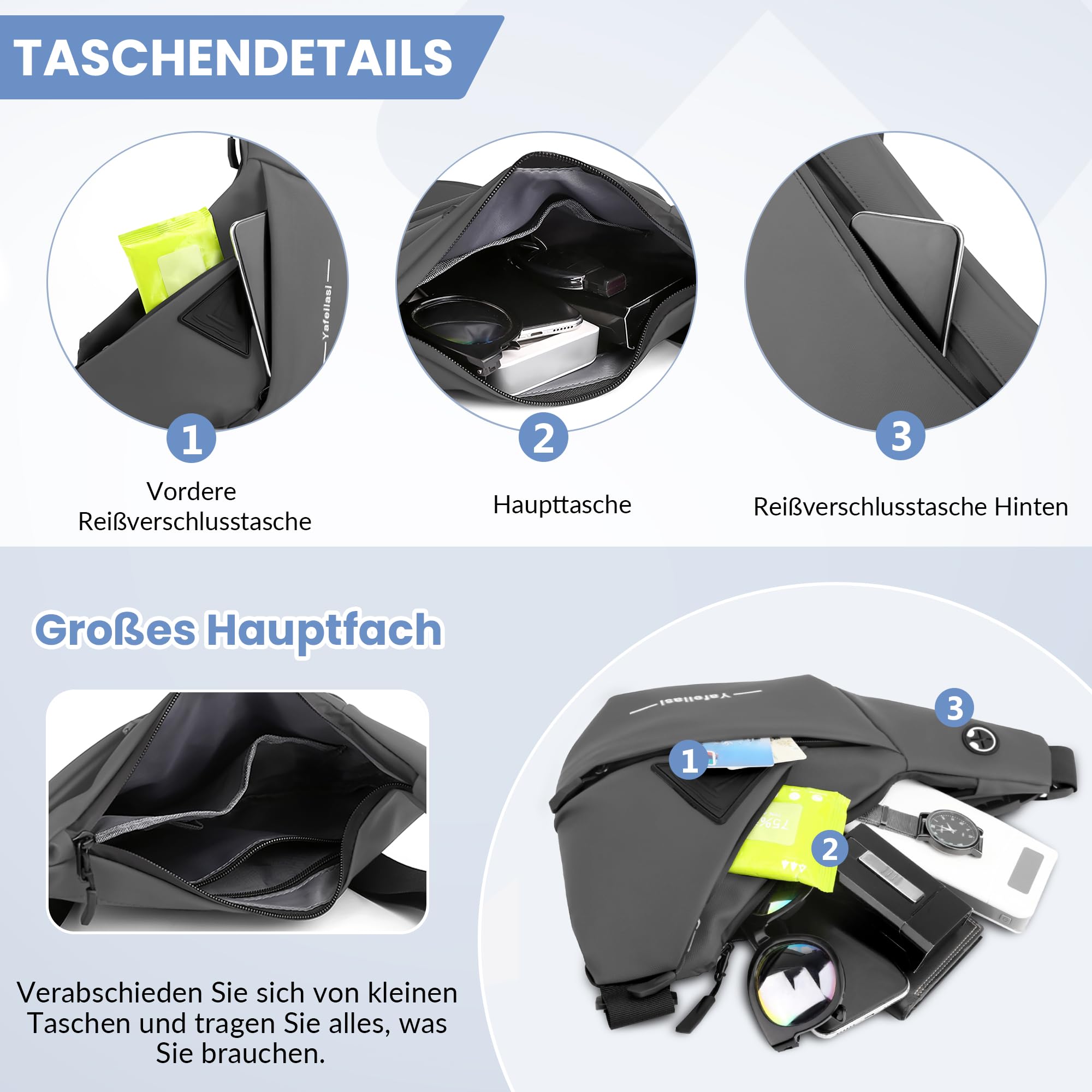 VARLIVOO Brusttasche Herren, wasserdichte Anti Diebstahl Umhängetasche, Kleine Leichte Schultertasche für Herren zum Reisen, Wandern und Alltag Grau A