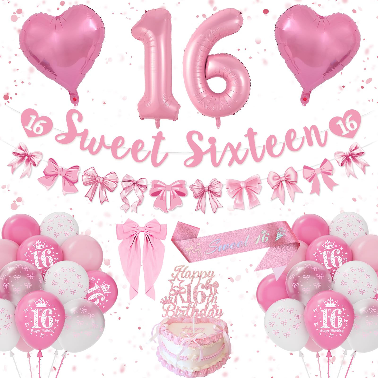 16th Birthday Decorations Girls, Pink Birthday Decoration Set Happy 16th Birthday Banner Bunting, Bow Pink White Balloons, Number 16 Heart Foilballoons, Hair Clips, Sash, Pink Bow Party Deco 16 Girls