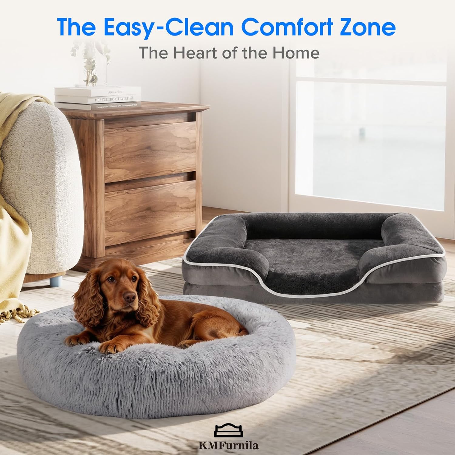 Extra Large Dog Bed, with Washable Waterproof Cushion, Calming Donut Cuddler Bed for Dogs and Cats, Anti-Anxiety & Anti-Slip Fluffy Cuddle Cozy Faux Fur Plush for Pet Indoor Sleeping(Grey
