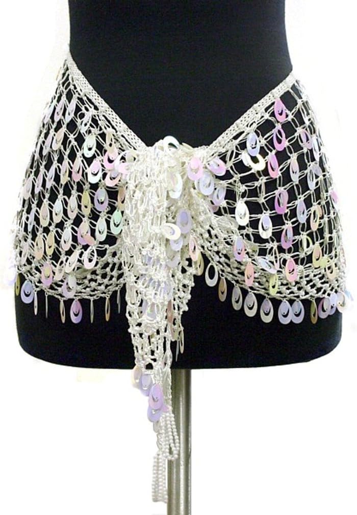 Belly Dance Crochet Shiny Oval Sequin Hip Scarf Belt Wrap -Wihite