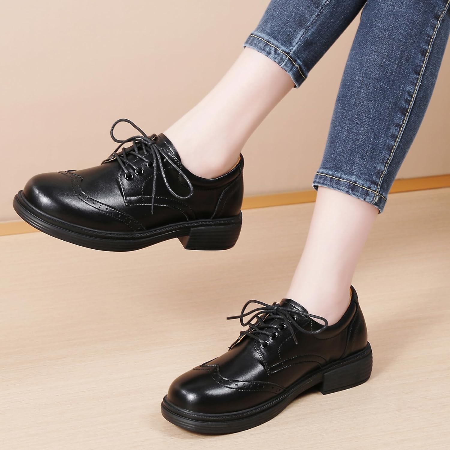 OKJ Oxford Shoes for Women Black Womens Oxfords Shoes Dressy Women's Casual Slip On Lace Up Loafers Vintage Shoes Business Dress Uniform Office Comfortable Non Slip Work Shoe - Image 6