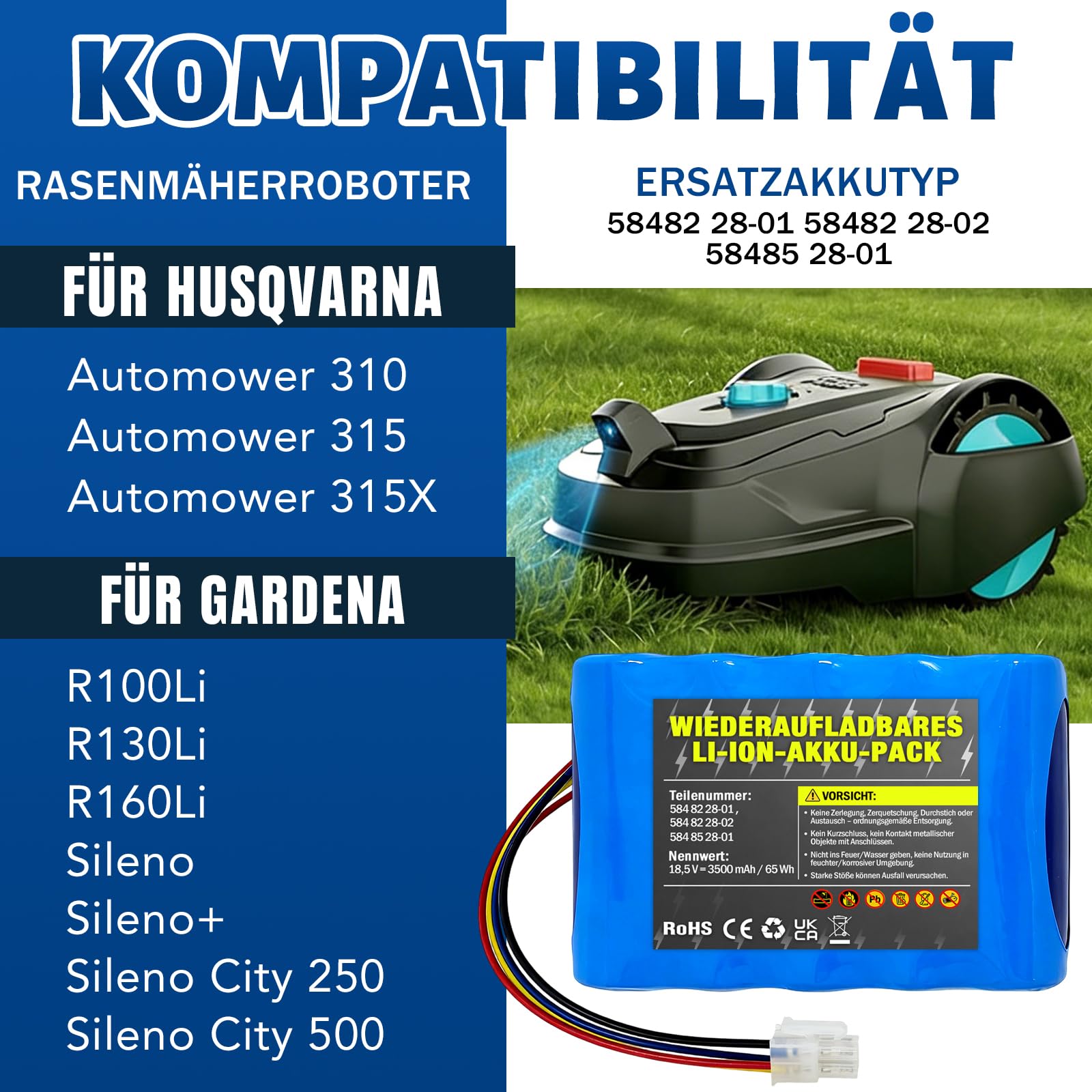 18.5V/3500mAh Mähroboter Akku für Husqvarna 310 315 315X Kompatible mit Gardena Sileno City 250 500 R100Li Sileno+ R130Li R160Li Rasenroboter, Ersatzakku Modell 584 85 28-02 (A)