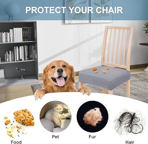 Miniatura 4 de Smiry Juego de 6 fundas de asiento elásticas de jacquard para sillas de comedor, extraíbles y lavables, sin fundas traseras, color gris