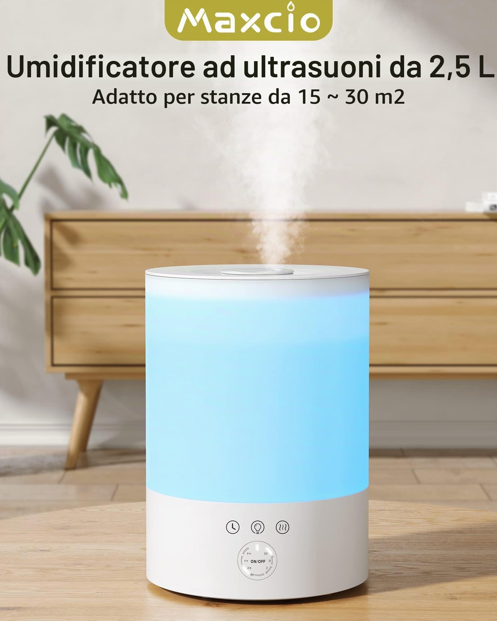 2,5L Umidificatore ad Ultrasuoni Maxcio Nebbia Regolabile Funzione Timer Humidifier Super-Silenzioso 28dB Sicuro per Bambini Umidificatore Piante Arredamente Camera da Letto Adatto a Casa