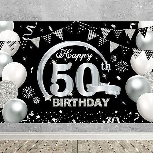 Miniatura 4 de Cartel de cumpleaños número 50 de 7 x 5 pies, decoraciones de aniversario negro y plateado para él y ella, suministros de fiesta, celebración de