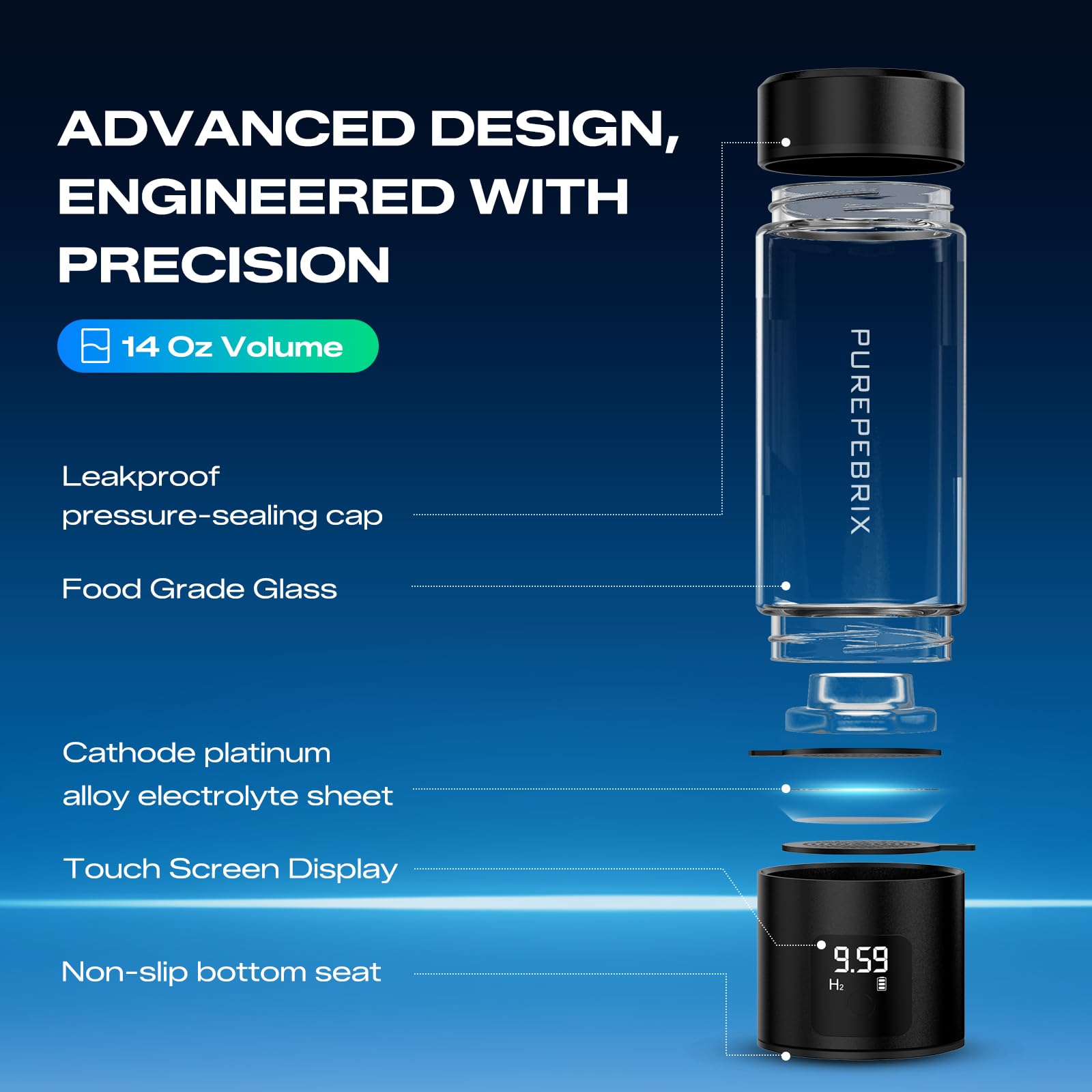 Upgraded Hydrogen Water Bottle Generator Glass, Touch Screen, Leak-Proof Lid, SPE/PEM Tech, Portable Rechargeable Hydrogen Water Bottle for Home Office Travel Fitness Drinking, 14 oz, Black