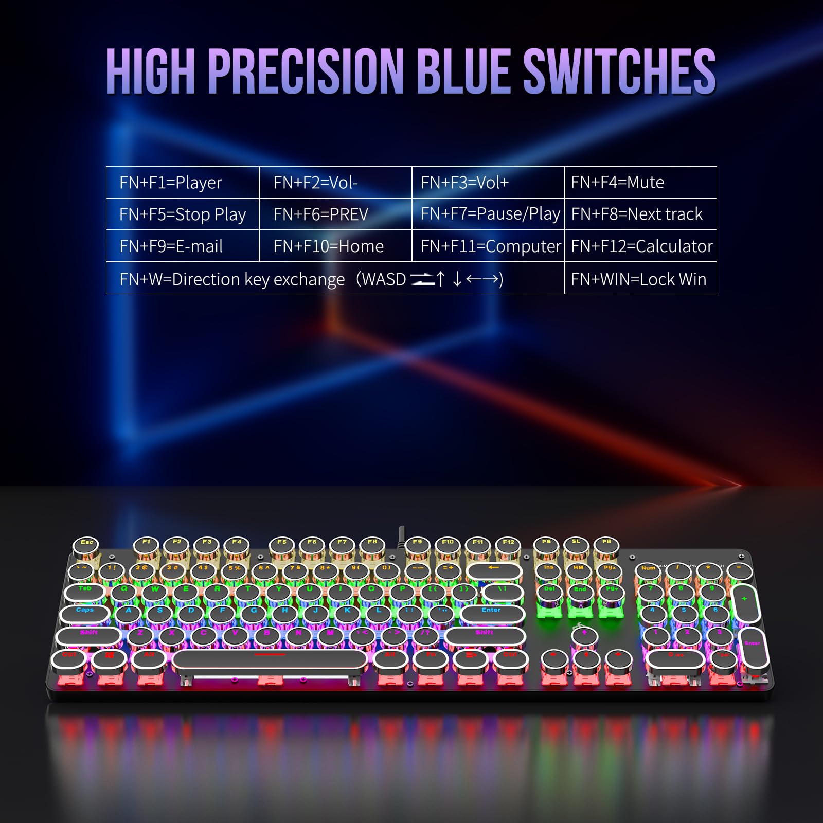 Clavier de jeu mécanique pour machine à écrire avec interrupteurs rouges rétroéclairés à la lumière arc-en-ciel, 104 touches, style machine à écrire filaire confortable Soud (LED noire)