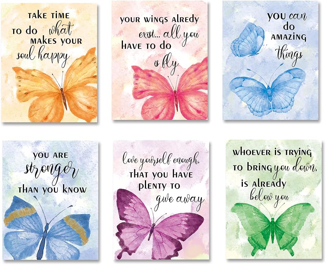 XUOIAYNB Watercolor Butterfly Inspirational Quote Art Print- Modern Garden Butterflies with Typography Saying Canvas Wall Art-(8”X10”X6 pcs, Unframed)-Perfect for Girls Bedroom Office Decoration