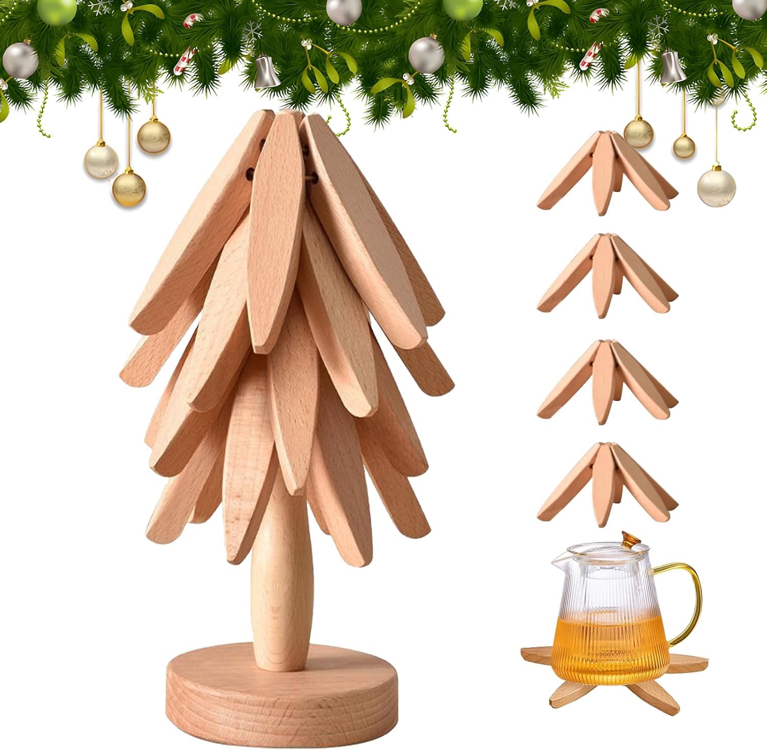 Snugeasy 4 Trivets - B Wooden Trivet Tree Coasters Stackable, Christmas Tree Shaped 3/4/5+1 Natural Wood Heat Resistant Tree Coasters For Kitchen Xmas Decor (4 Trivets - B)