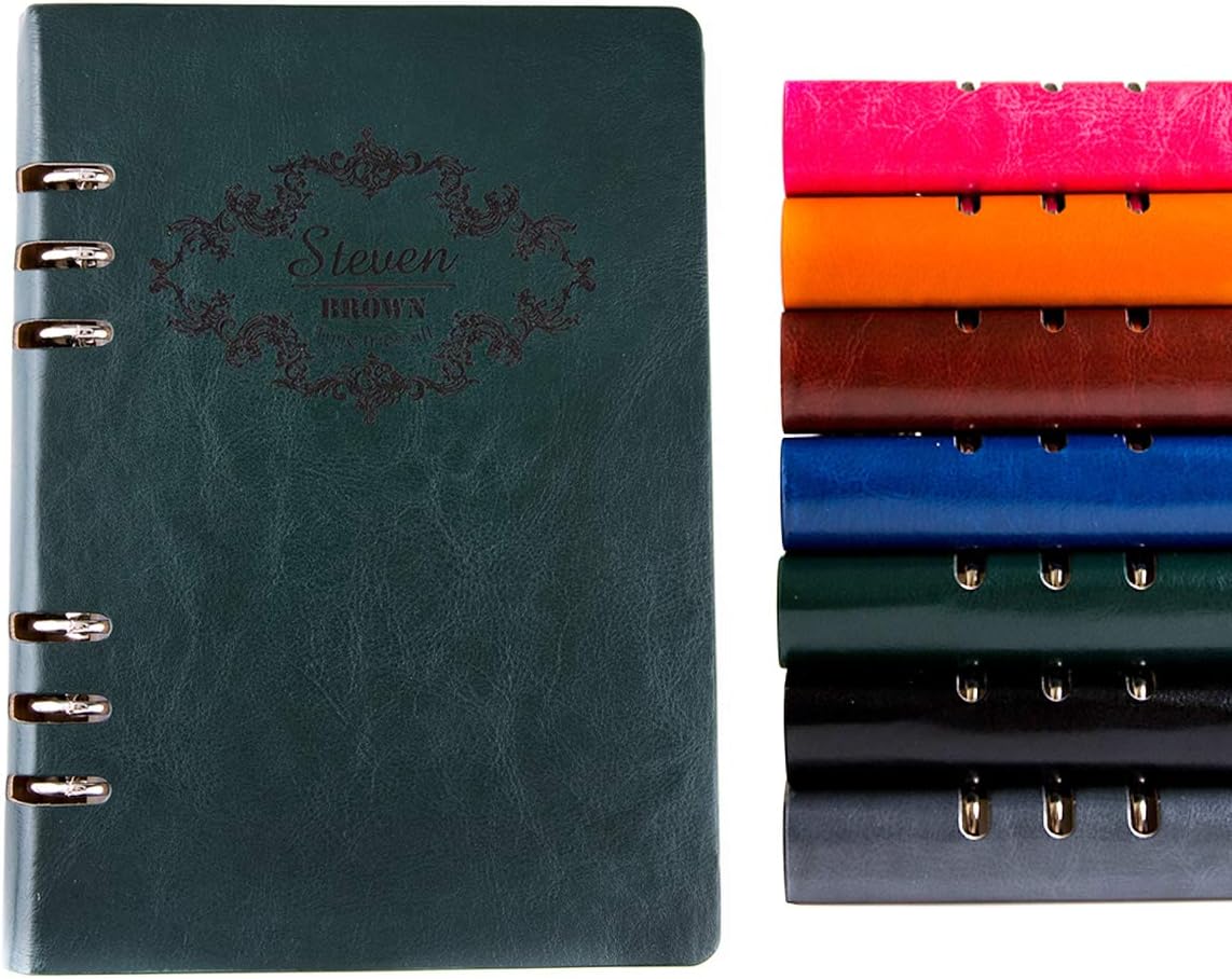 Fanery Sue Personalized Leather Notebook Monogrammed A5 Wide Ruled Hardcover Writing Notebook Loose-Leaf 6-Ring Binders Large, Refillable, Custom Message Notebook(Pink)