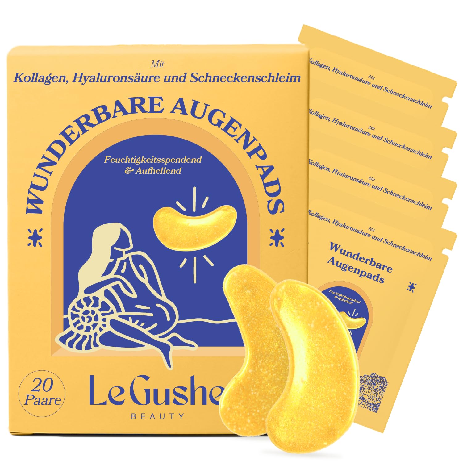 LE GUSHE - Augenpads Gegen Augenringe, Eye Pads / Augenpads Gegen Tränensäcke und Falten, Erfrischende Augenmaske, Gel Eyepatches [20 Paare, Gold]