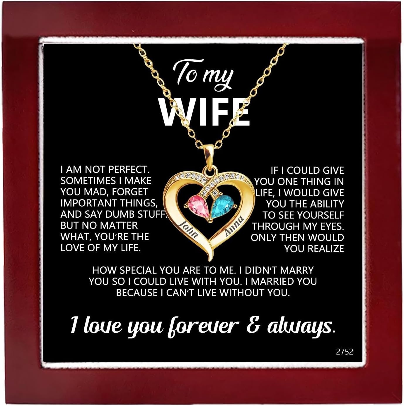 ziella Jewelry To My Wife Necklace -Family's Love Engraved Name Pendant, Personalized Heart Custom Necklace for Women (Custom Birthstone, Gold)